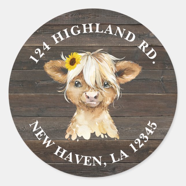 Rustic Sunflower Highland Cow Baby Shower Address Classic Round Sticker (Front)