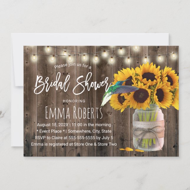Rustic Sunflower Jar & Hummingbird Bridal Shower Invitation (Front)