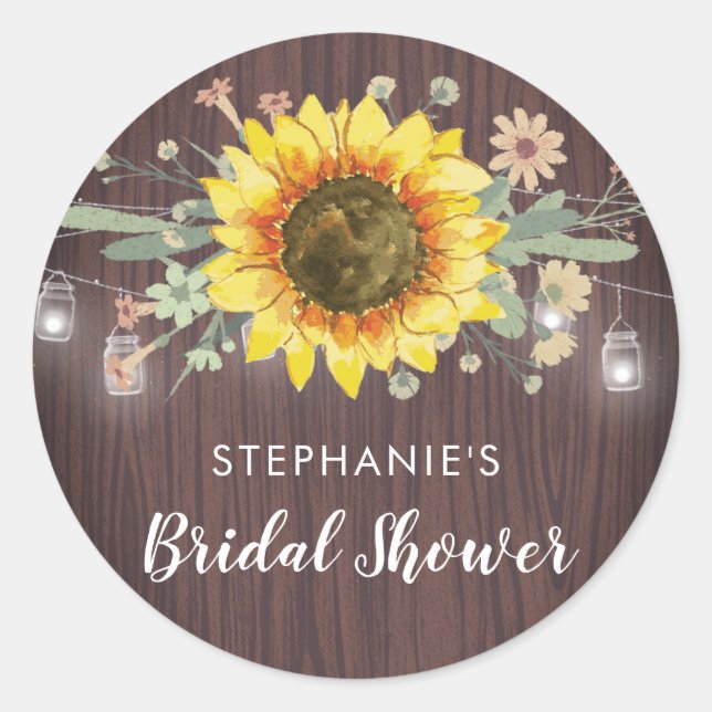 Rustic Sunflower Jar Lights Bridal Shower Classic Round Sticker (Front)