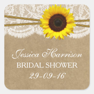 Rustic Sunflower Kraft Lace & Twine Bridal Shower Square Sticker