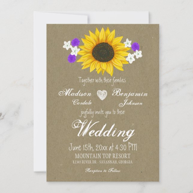 Rustic Sunflower Kraft Paper Wedding Invitations (Front)