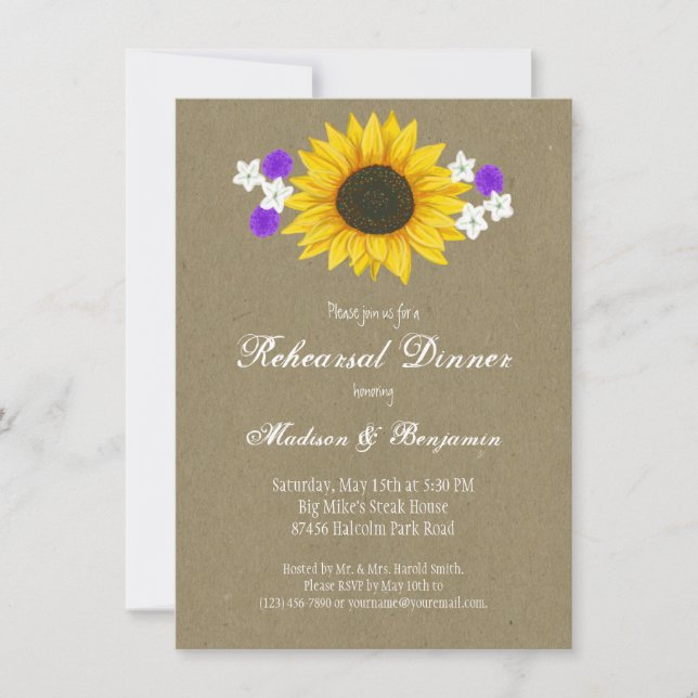 Rustic Sunflower Kraft Rehearsal Dinner Invites (Front)