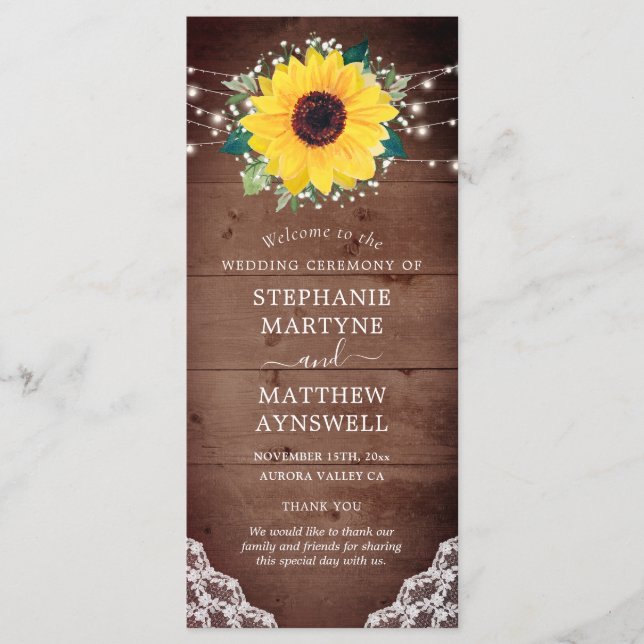Rustic Sunflower Lace Baby's Breath Lights Wedding Programme (Front)