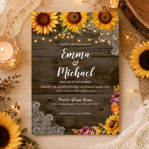 Rustic Sunflower Lace Barn Wood Fall Wedding Invitation