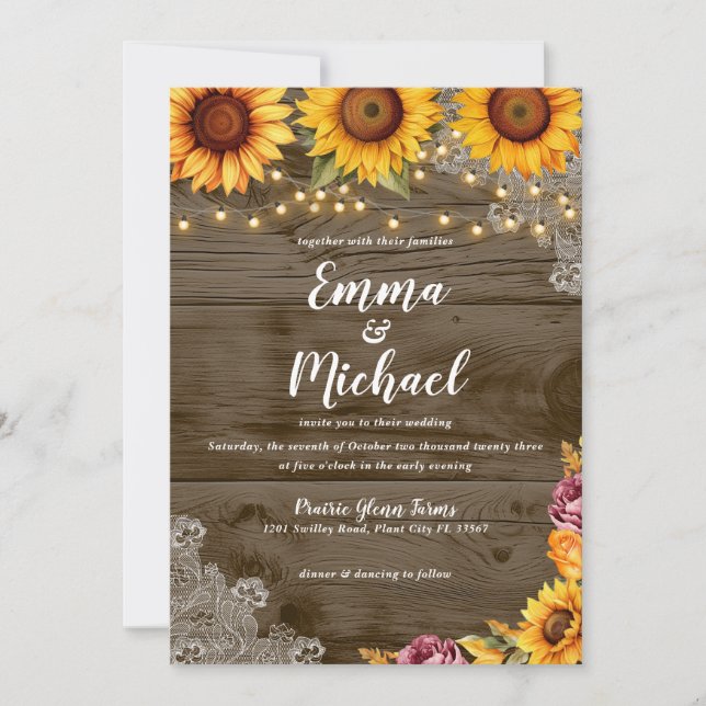 Rustic Sunflower Lace Fall Wedding Invitation (Front)