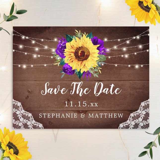Rustic Sunflower Lace Purple Floral Save The Date Announcement Postcard (Creator Uploaded)