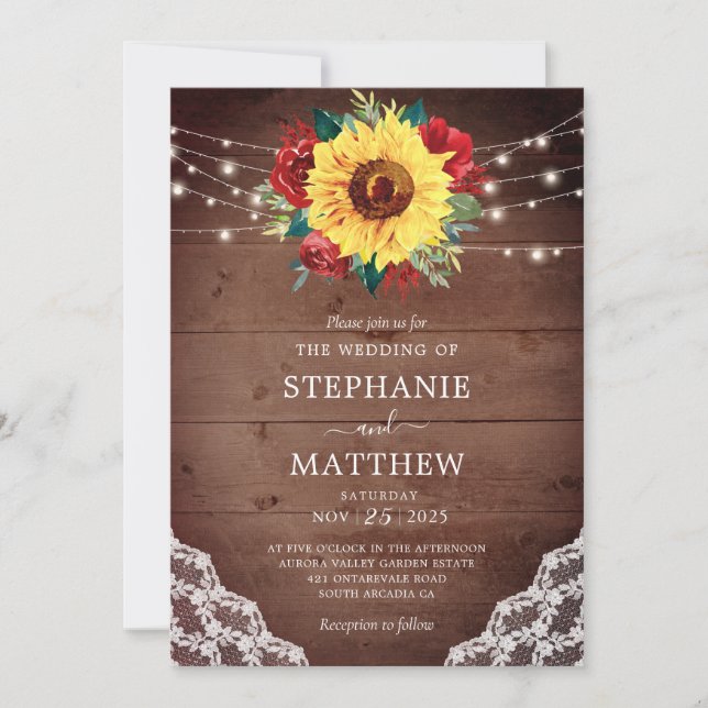 Rustic Sunflower Lace Red Floral Wood Lights Invitation (Front)