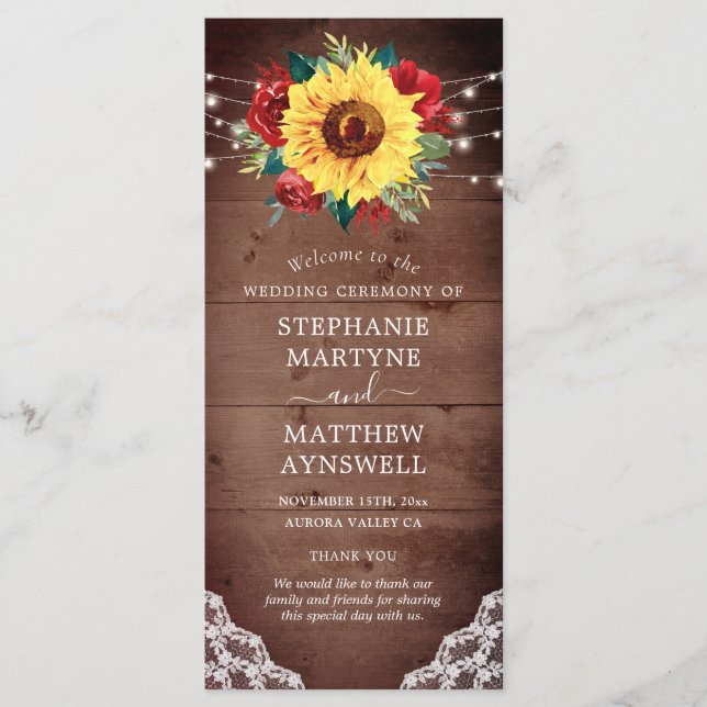 Rustic Sunflower Lace Red Rose Fall Wedding Programme (Front)