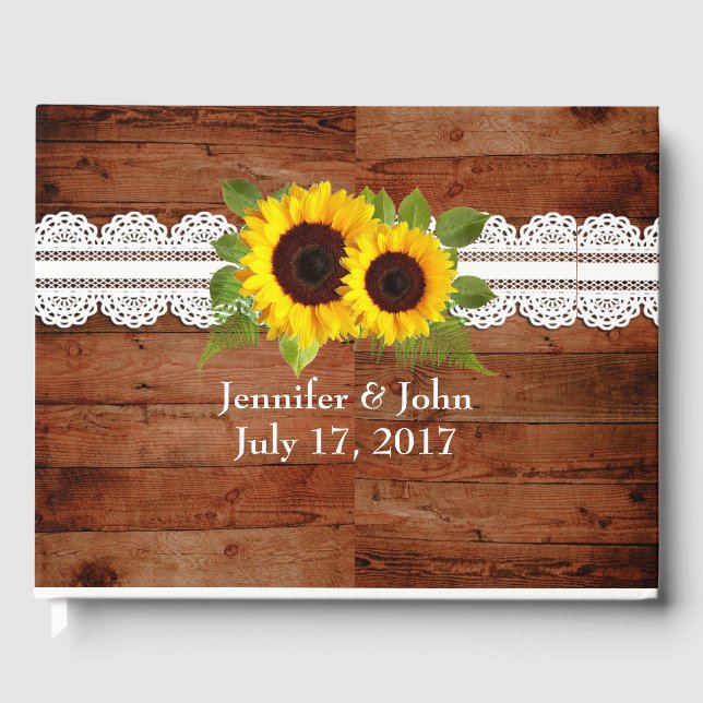 Rustic Sunflower Lace Wedding Guest Book (Front)
