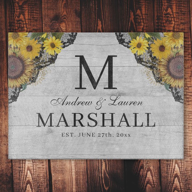 Rustic Sunflower Lace Wood Names Wedding Gift Cutting Board (Creator Uploaded)