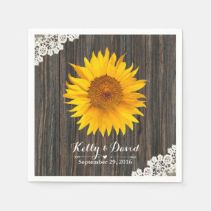 Rustic Sunflower Lace & Wood Wedding Napkin