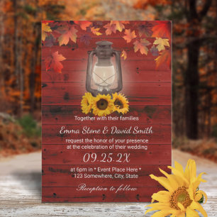 Rustic Sunflower Lantern Red Barn Fall Wedding Invitation