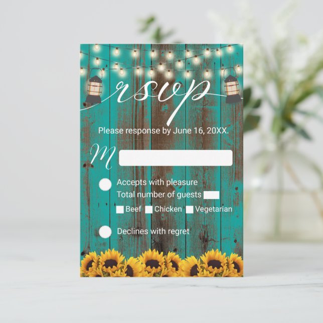 Rustic Sunflower & Lantern Teal Barn Wedding RSVP (Standing Front)