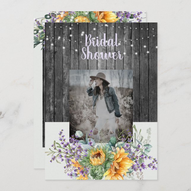Rustic Sunflower Lavender Photo Bridal Shower  Invitation (Front/Back)
