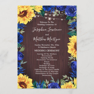 Rustic Sunflower Lights Blue Floral Border Wedding Programme