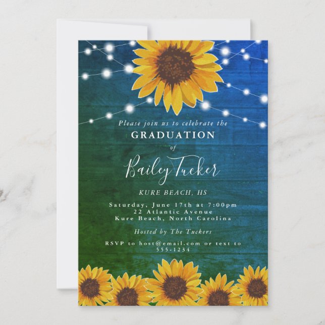 Rustic Sunflower Lights Blue Green Graduation Invitation (Front)