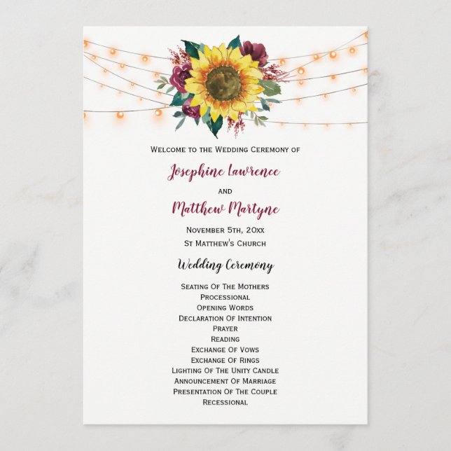 Rustic Sunflower Lights Floral Wedding Programme (Front)