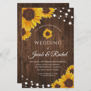 Rustic Sunflower Lights on Wood Wedding Invitation