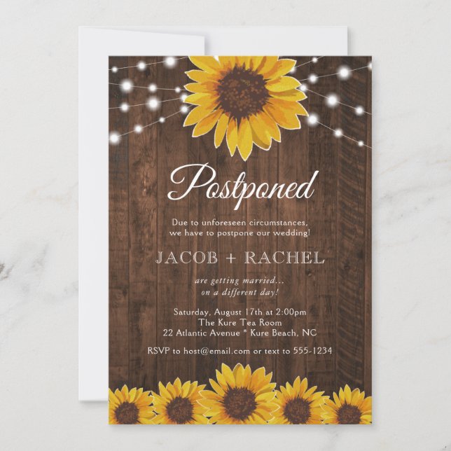 Rustic Sunflower Lights Postponed Date Wedding Invitation (Front)