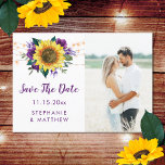 Rustic Sunflower Lights Purple Photo Save The Date<br><div class="desc">These save the date cards feature rustic watercolor sunflower and purple floral rose design with string lights. They are part of a collection which includes a full range of matching wedding invitations and stationery. Personalise them with your own text and photo. Please visit our store to see the full range...</div>