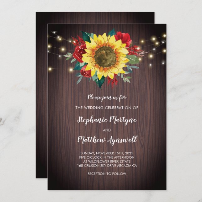 Rustic Sunflower Lights Red Floral Wedding Invitation (Front/Back)