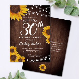 Rustic Sunflower & Lights Surprise 30th Birthday Invitation