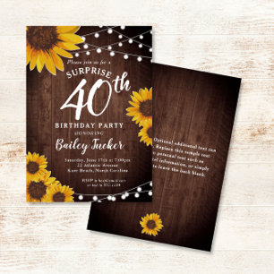 Rustic Sunflower & Lights Surprise 40th Birthday Invitation