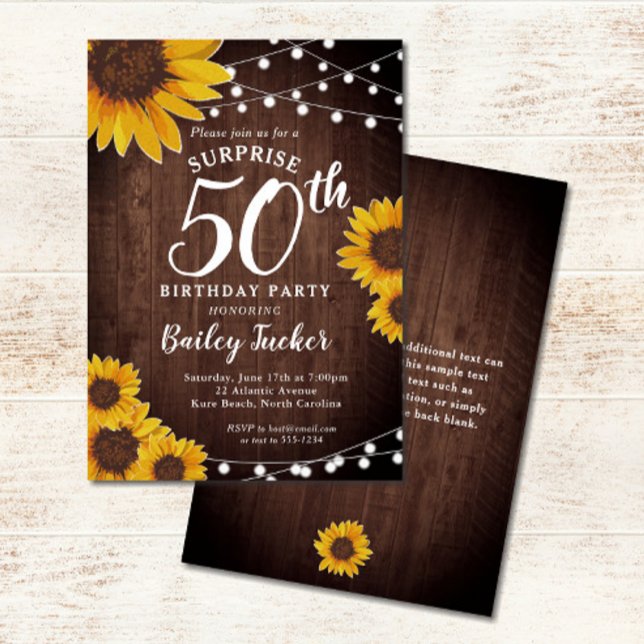 Rustic Sunflower & Lights Surprise 50th Birthday Invitation (Rustic Sunflowers & String Lights on Wood 50th Birthday Party Invitation)