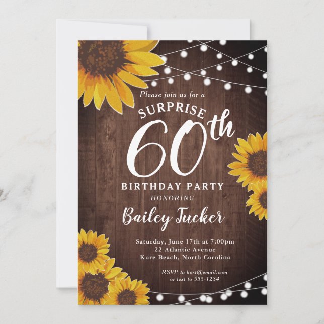 Rustic Sunflower & Lights Surprise 60th Birthday Invitation (Front)