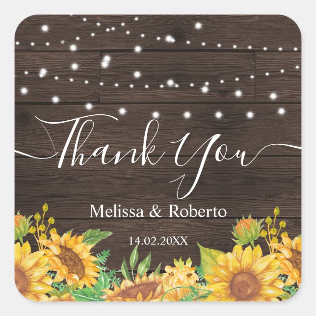 rustic sunflower lights wedding square sticker (Front)