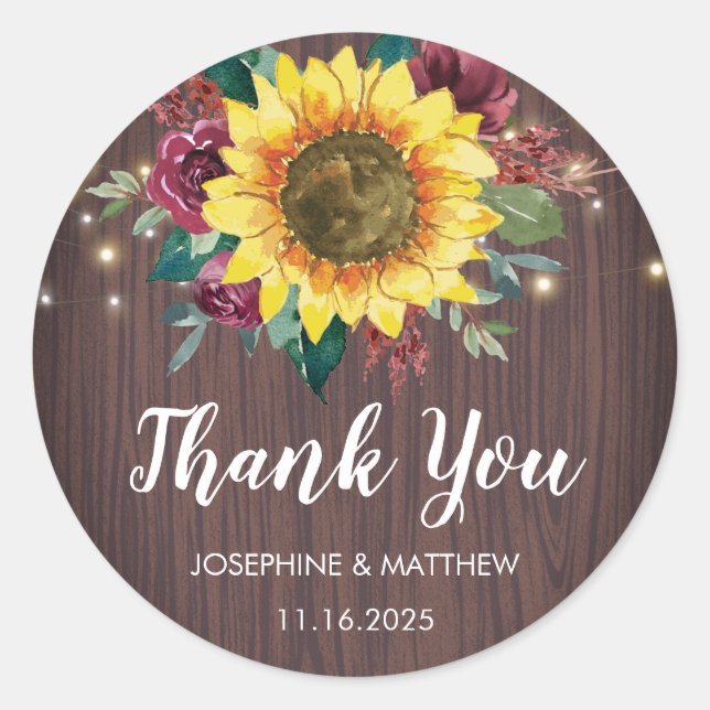 Rustic Sunflower Lights Wood Thank You Classic Round Sticker (Front)