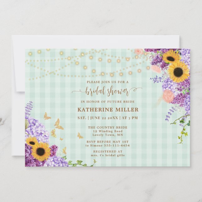 Rustic Sunflower Lilac Green Gingham Bridal Shower Invitation (Front)