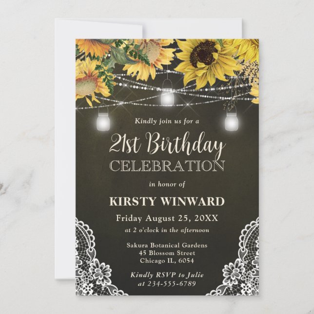 Rustic Sunflower & Mason Jar Lights 21st Birthday Invitation (Front)