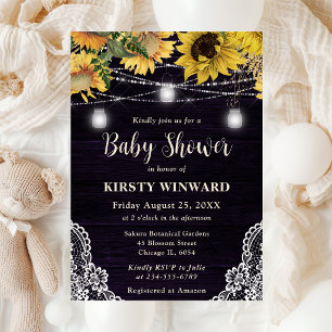 Rustic Sunflower & Mason Jar Lights Baby Shower Invitation