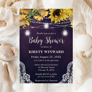 Rustic Sunflower & Mason Jar Lights Baby Shower Invitation
