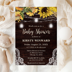 Rustic Sunflower & Mason Jar Lights Baby Shower Invitation