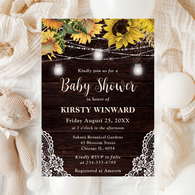 Rustic Sunflower & Mason Jar Lights Baby Shower Invitation (Creator Uploaded)