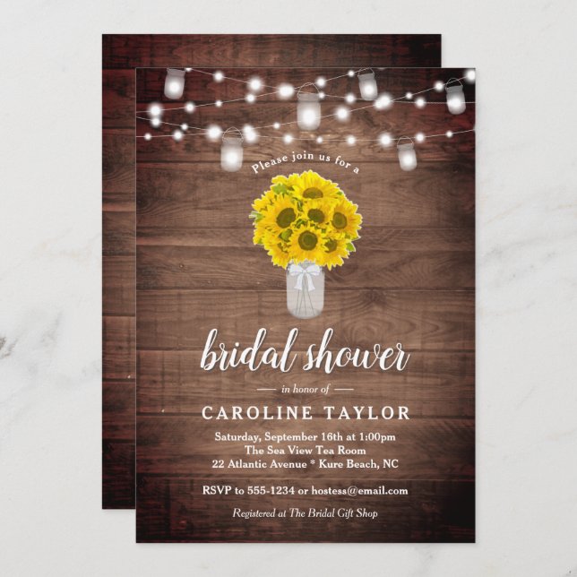 Rustic Sunflower Mason Jar Lights Bridal Shower Invitation (Front/Back)