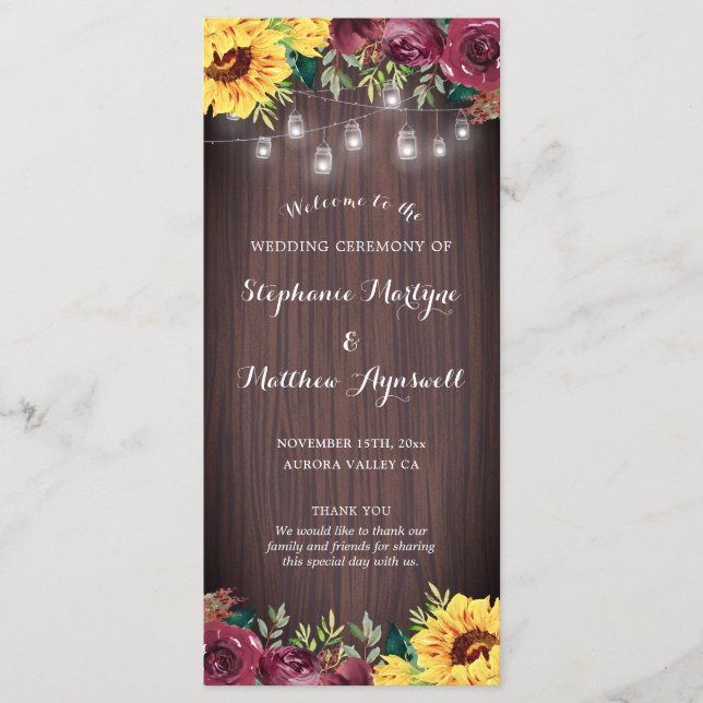 Rustic Sunflower Mason Jar Lights Floral Wedding Programme (Front)