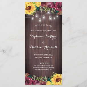 Rustic Sunflower Mason Jar Lights Floral Wedding Programme