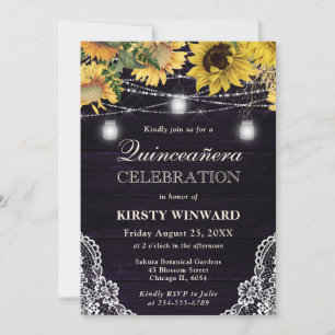 Rustic Sunflower & Mason Jar Lights Quinceanera Invitation