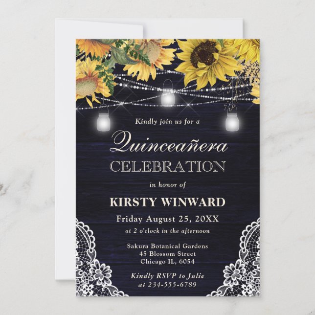 Rustic Sunflower & Mason Jar Lights Quinceanera Invitation (Front)