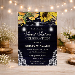 Rustic Sunflower & Mason Jar Lights Sweet 16 Invitation