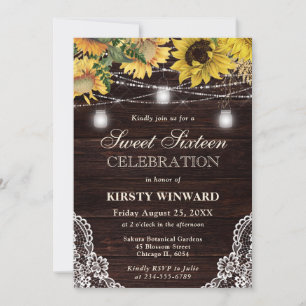 Rustic Sunflower & Mason Jar Lights Sweet Sixteen Invitation