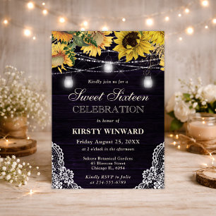 Rustic Sunflower & Mason Jar Lights Sweet Sixteen Invitation
