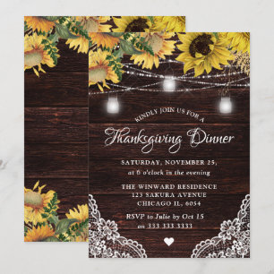Rustic Sunflower & Mason Jar Lights Thanksgiving Invitation