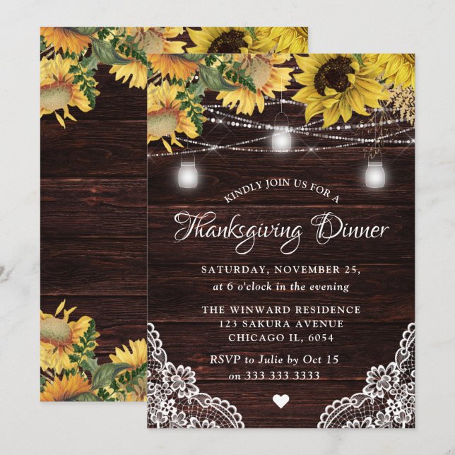 Rustic Sunflower & Mason Jar Lights Thanksgiving Invitation (Front/Back)