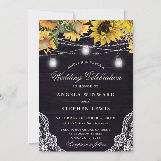 Rustic Sunflower & Mason Jar Lights Wedding Invitation (Front)