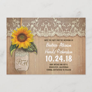 rustic sunflower mason jar save the date cards