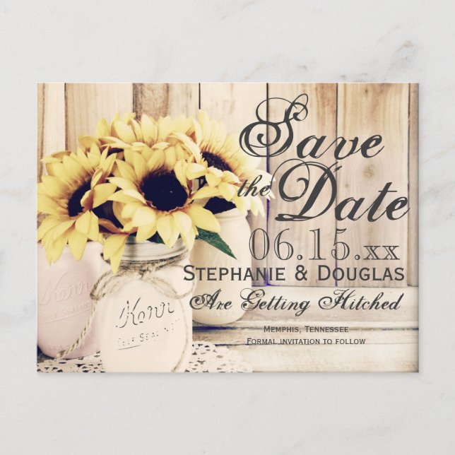 Rustic Sunflower Mason Jar Save the Date Postcards (Front)